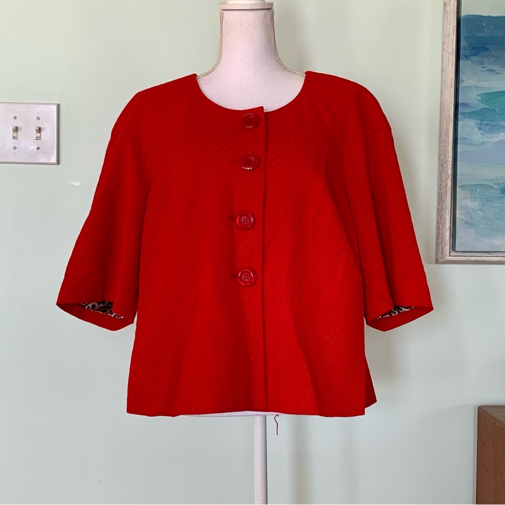 Madison Woman Red Leopard Lined Large Button Career Swing Jacket 16W 16